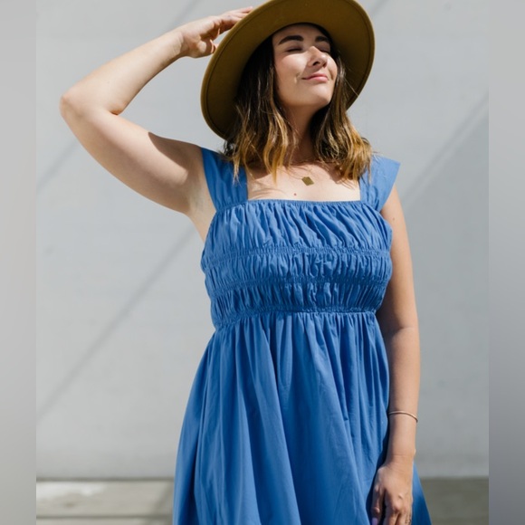 PINCH Royal Blue Ruched Tank Midi Dress Milkmaid Cottagecore Size L - Picture 3 of 15